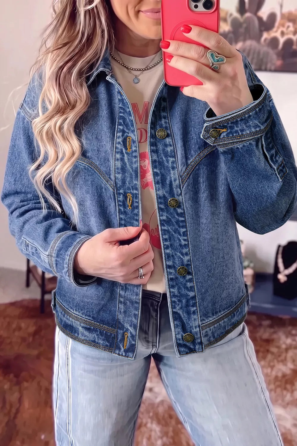 Women's Medium Button Up Dropped Shoulder Denim Jacket - Medium