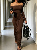 Women's Brown Off-Shoulder Bodycon Maxi Dress - Brown