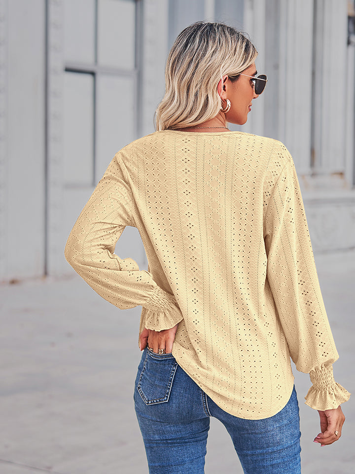 Women's V-Neck Eyelet Flounce Sleeve Blouse