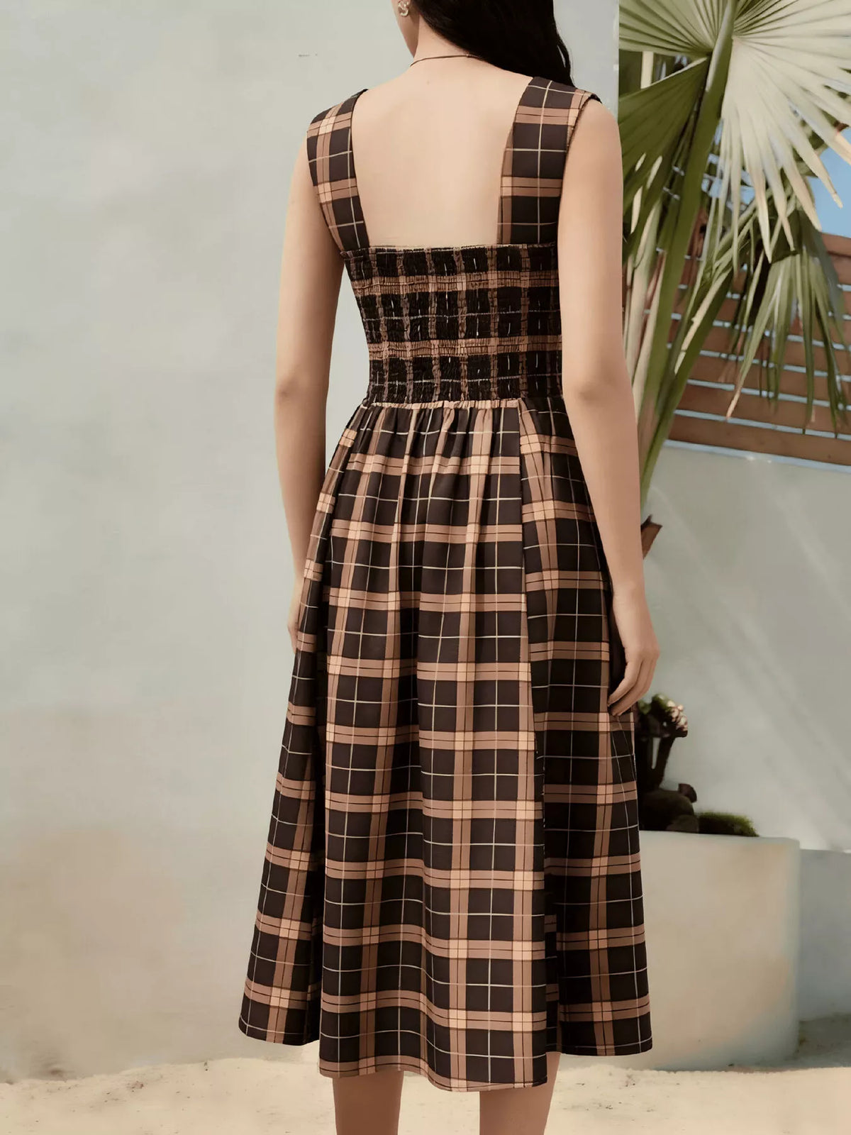 Women's Brown Square Neck Plaid Midi Dress - Brown