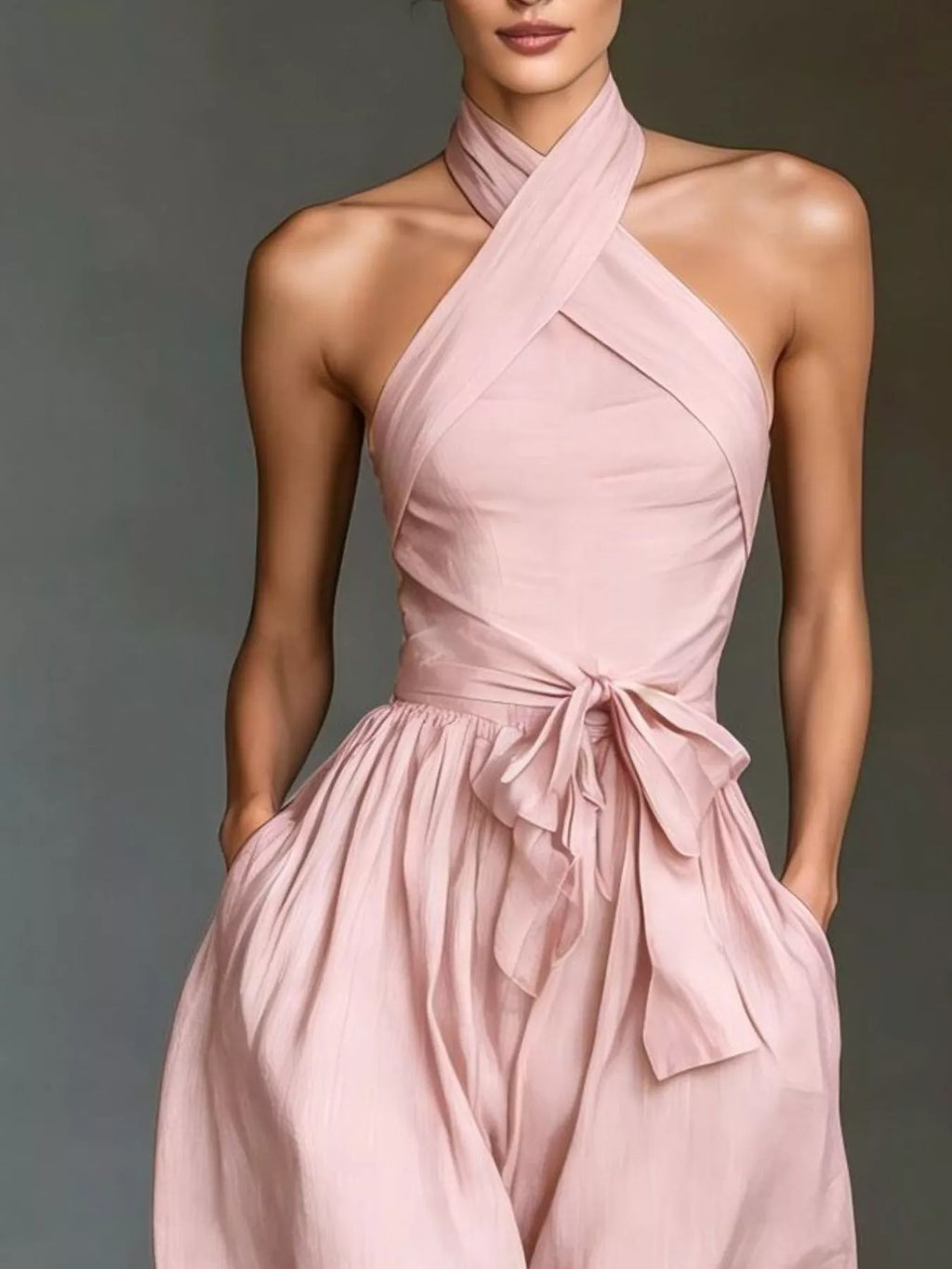 Women's Halter Neck Wide-Leg Jumpsuit with Waist-Tie Detail