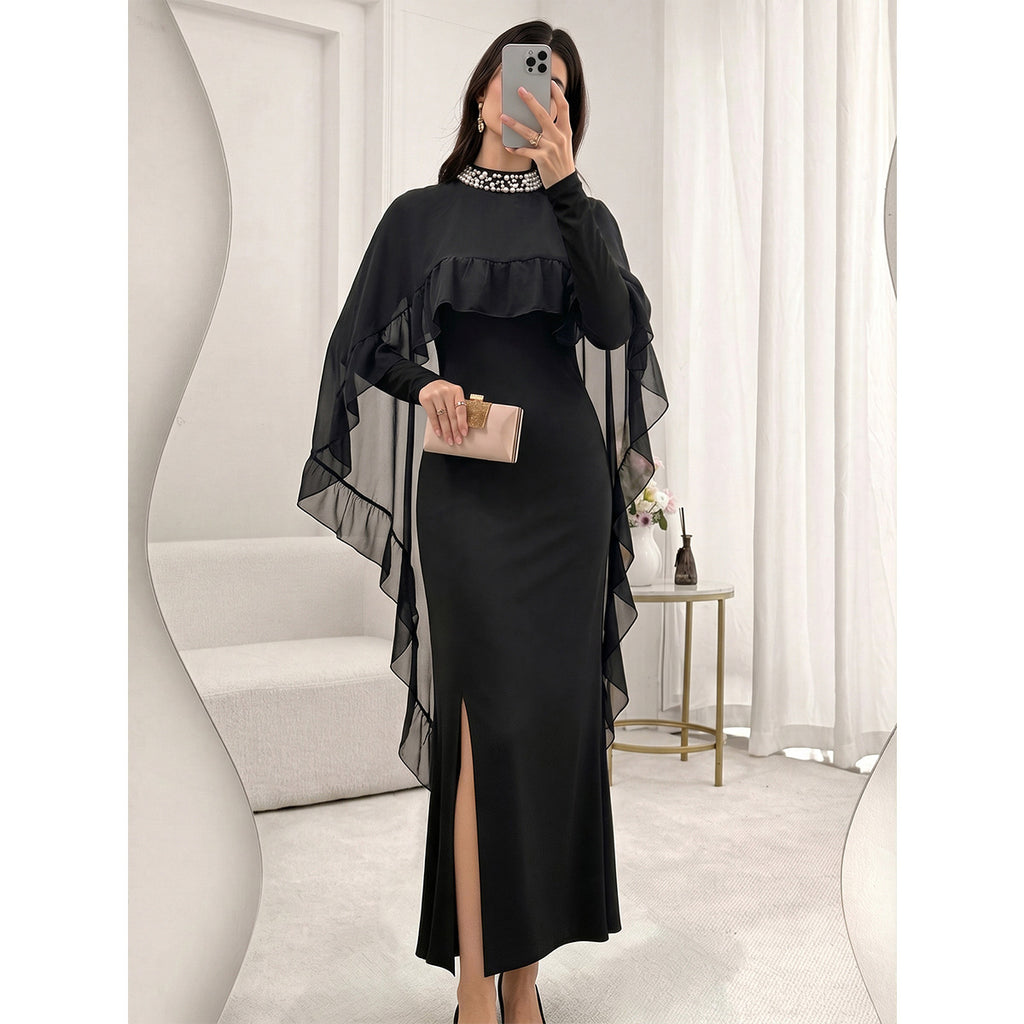 Female Nail Bead Half High Neck Mesh Ruffle Edge Dress
