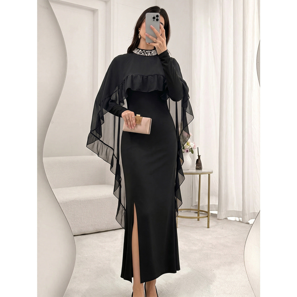 Female Nail Bead Half High Neck Mesh Ruffle Edge Dress