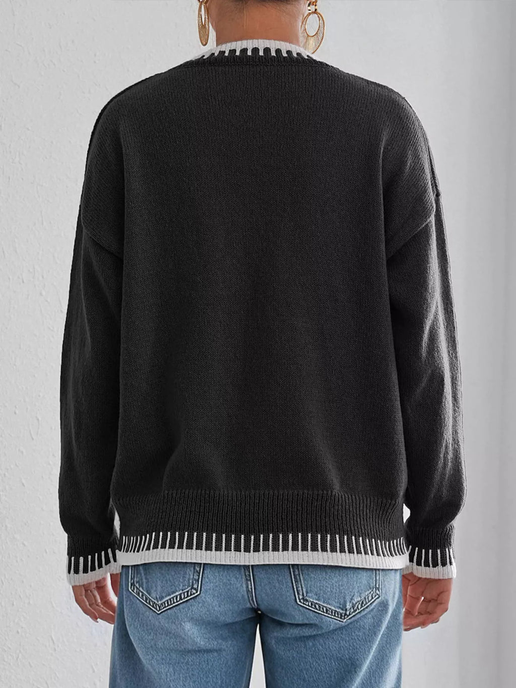 Women's Contrast Trim Crew Neck Drop Shoulder Sweater