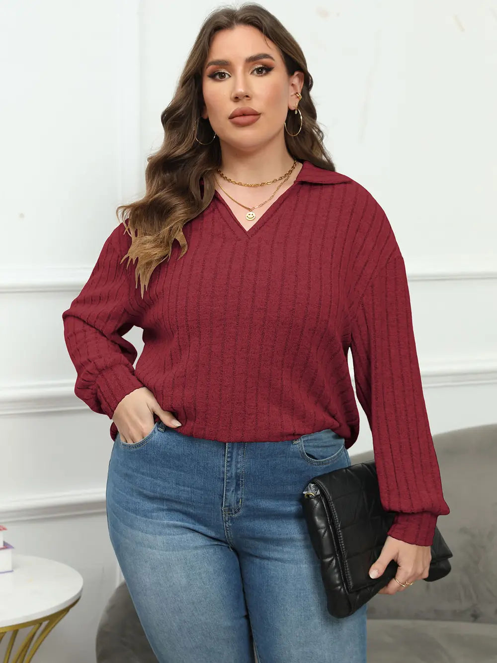 Women's Ribbed Collared Neck Long Sleeve Blouse, Plus Size