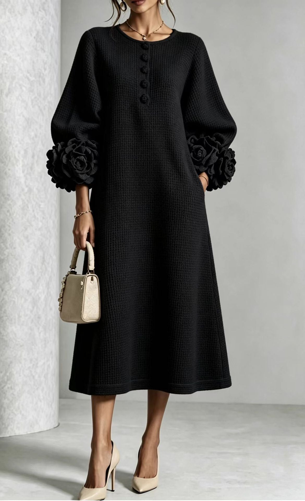 French-style Three-dimensional Floral Lantern-sleeve Cotton-linen Dress