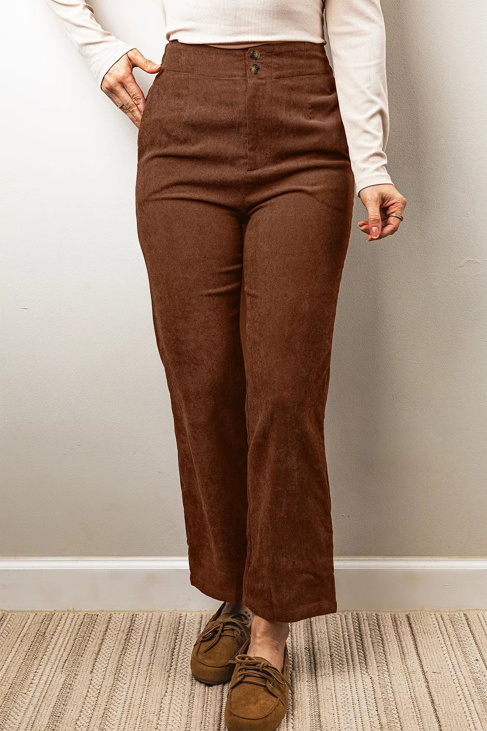 Women's Dark Brown Elastic Waist Straight Leg Ankle Length Corduroy Pants - Dark Brown