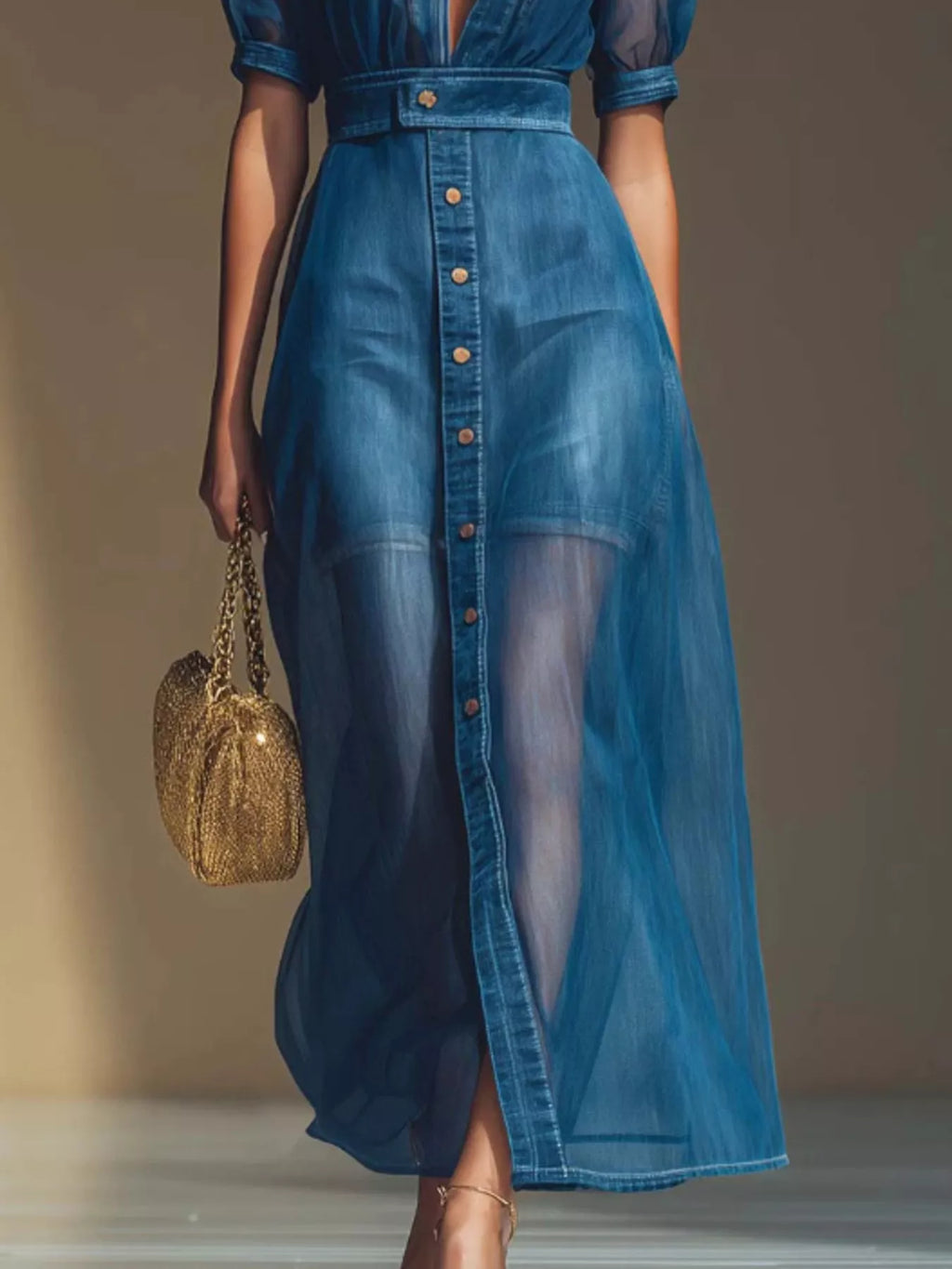 Women's Blue Sheer Panel Button-Down Maxi Dress - Blue