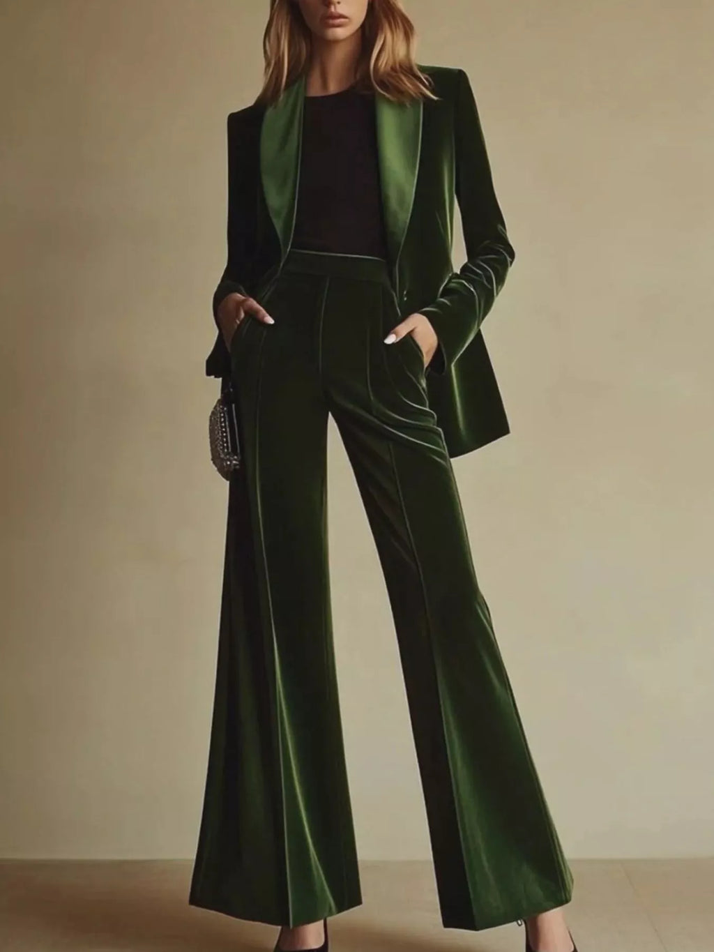 Women's Green Velvet Blazer and Wide-Leg Pants Set - Green