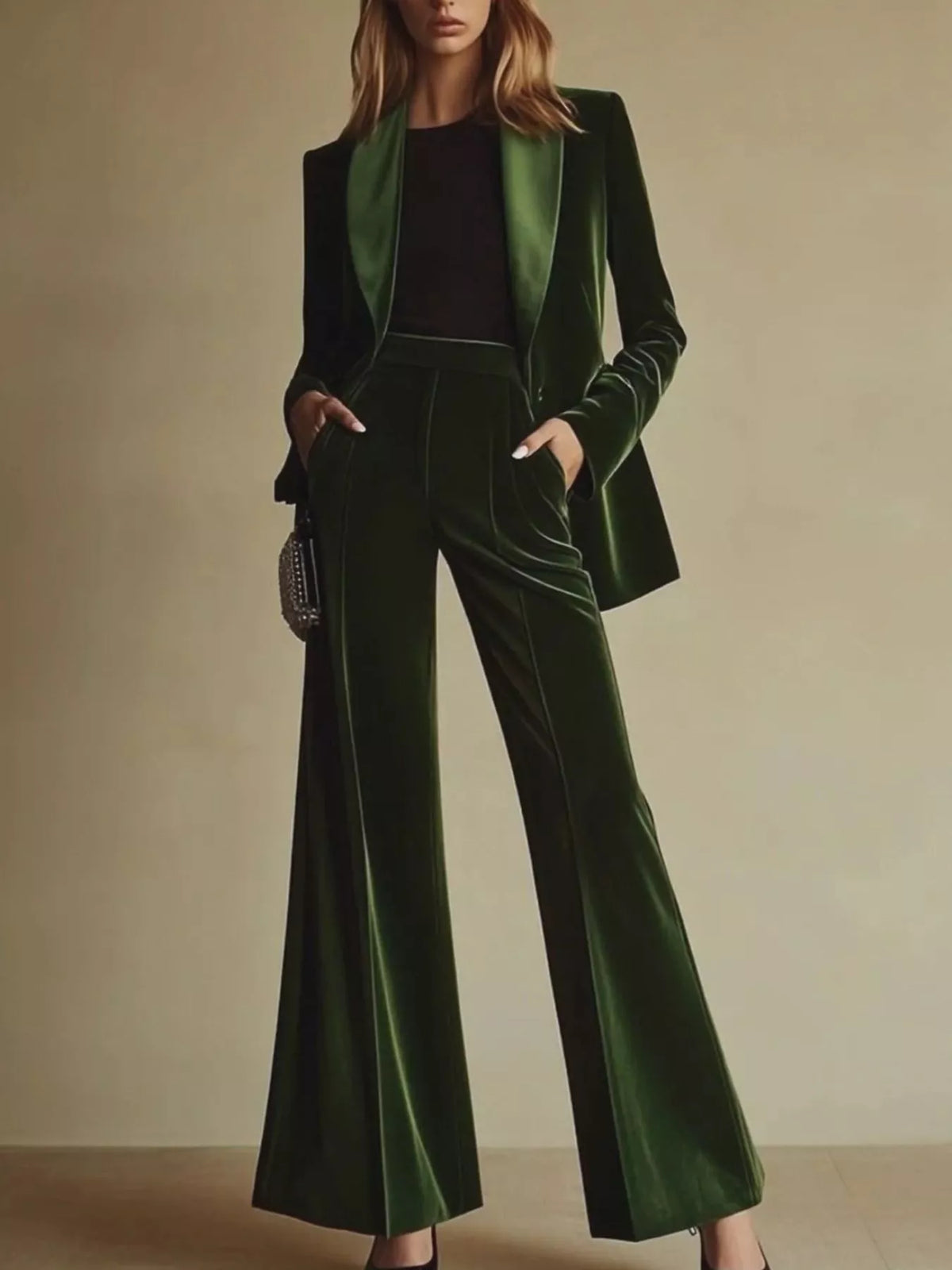 Women's Green Velvet Blazer and Wide-Leg Pants Set - Green