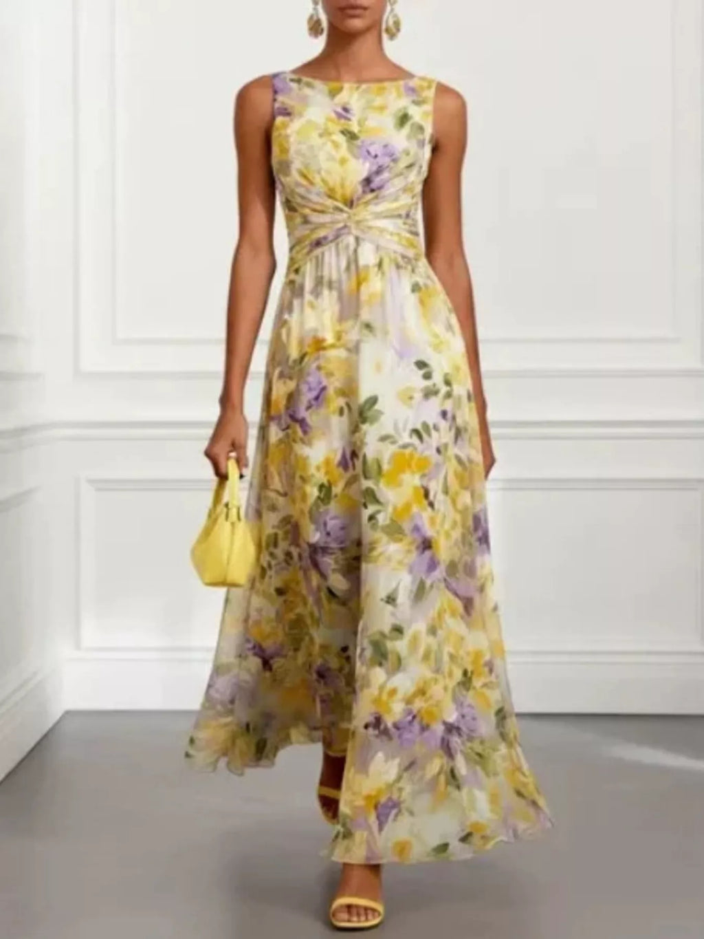 Women's Yellow Floral Print Sleeveless Twist-Front Maxi Dress - Yellow