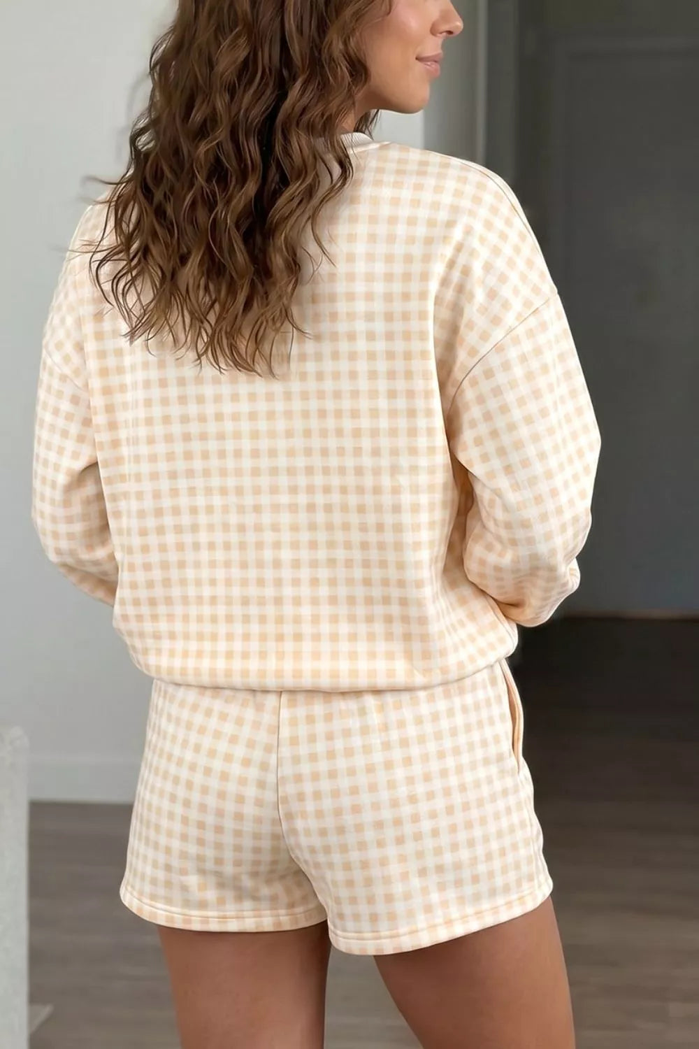 Women's Pastel Yellow Gingham Long Sleeve Sweatshirt and Shorts Set - Pastel Yellow