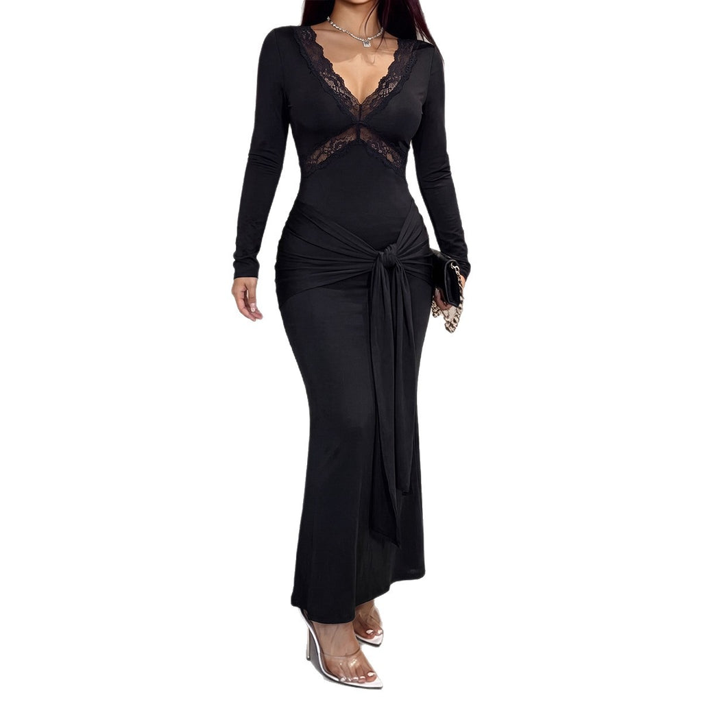 Women's Solid-Color Lace Deep-V Long-Sleeve Spliced Bandage Dress