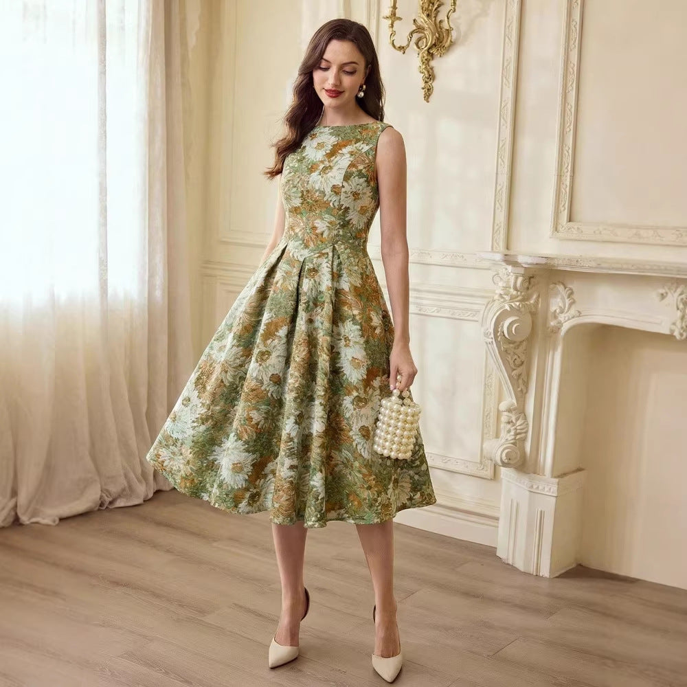 French-style Women's Retro Oil-painting Sleeveless Dress