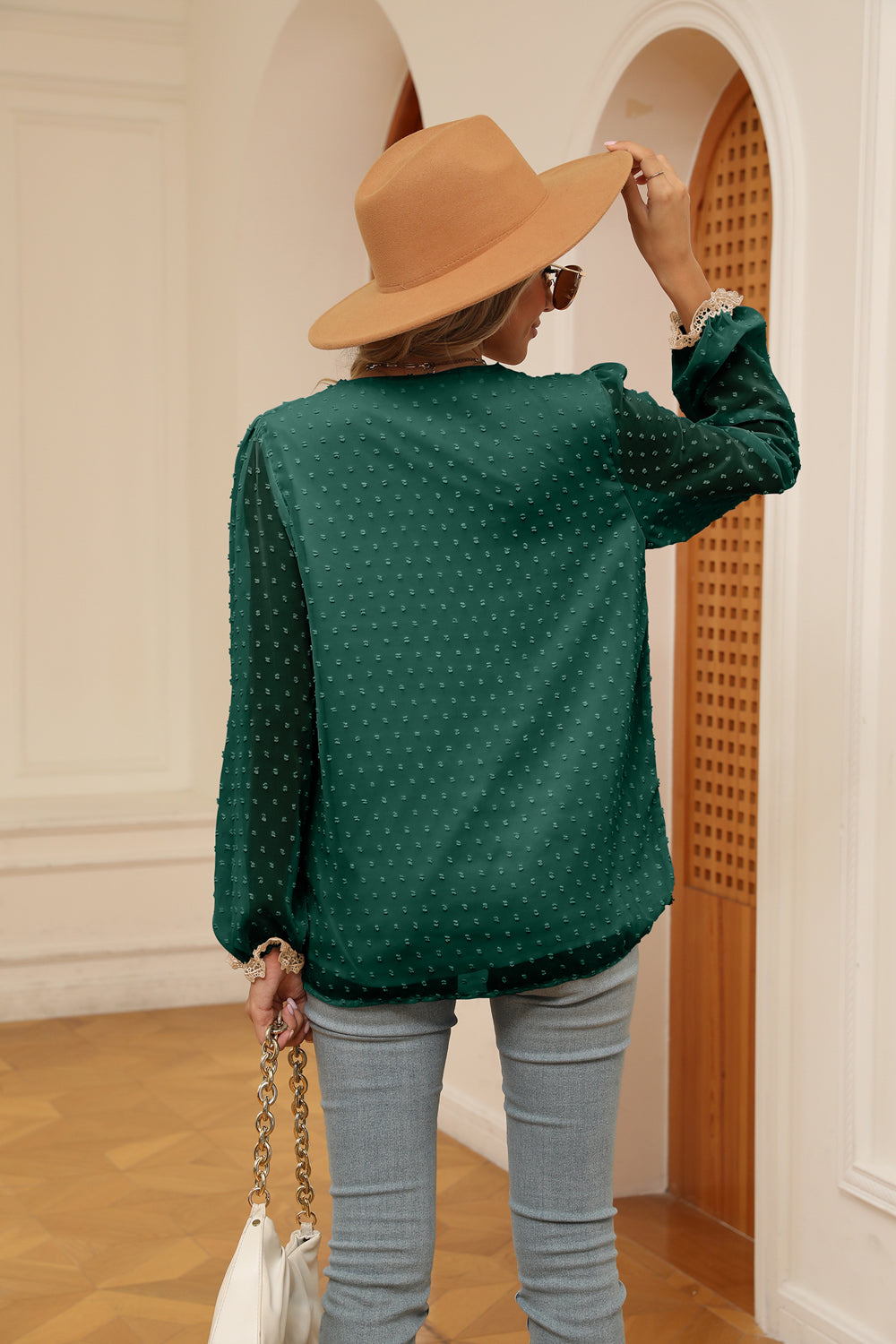 Women's Swiss Dot Contrast V-Neck Blouse