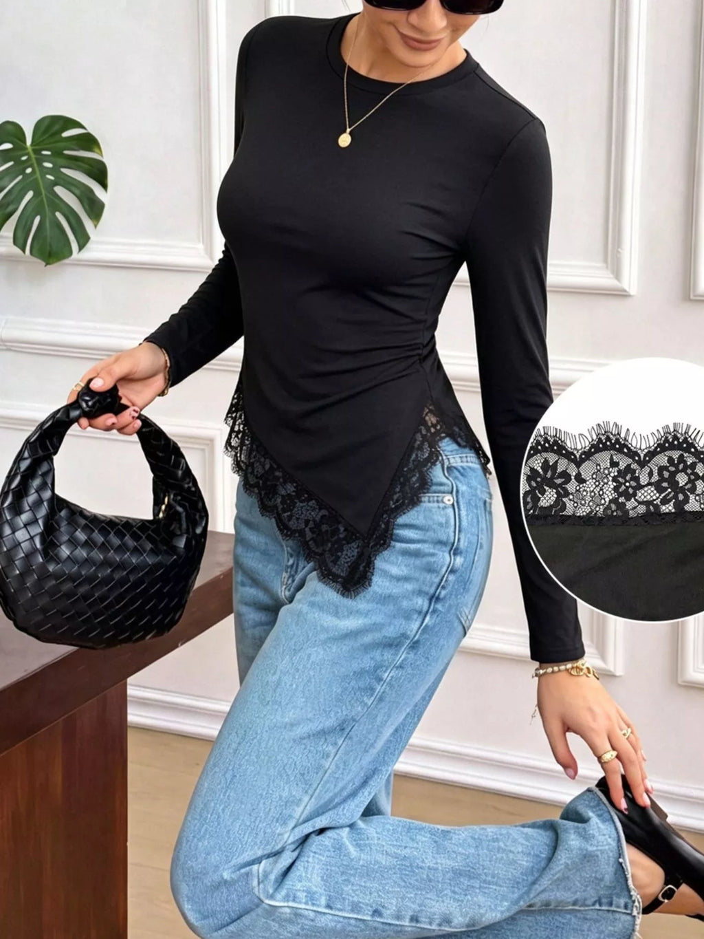 Women's Black Asymmetrical Lace Hem Long Sleeve T-Shirt - Black