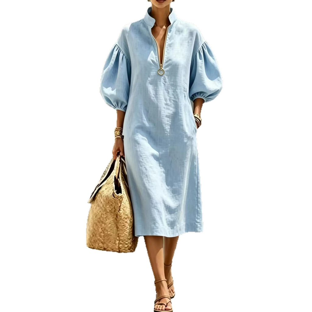 Summer New Women's Casual Loose Stand-Up Collar Puff Sleeve Half-Zip Women's Dress