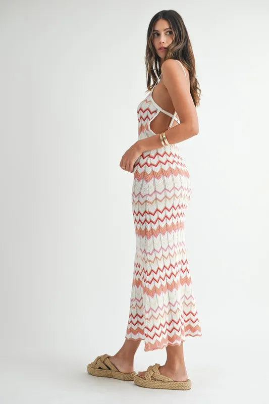 Women's Salmon Lightweight Pointelle Chevron Knit Maxi Dress - Salmon