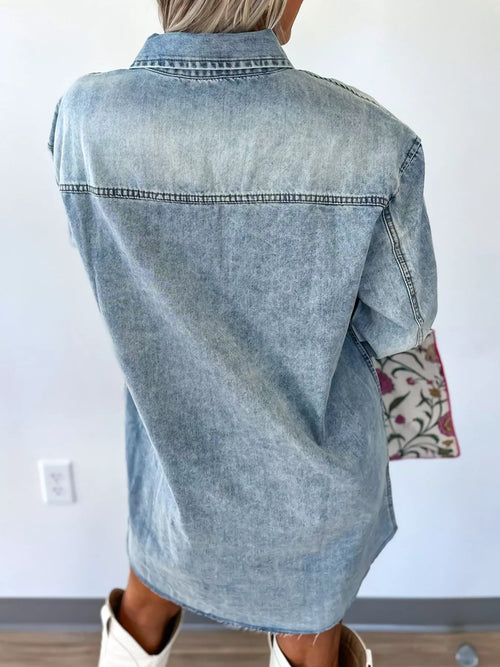 Chest Pocket Raw Hem Denim Loose Shirt Dress