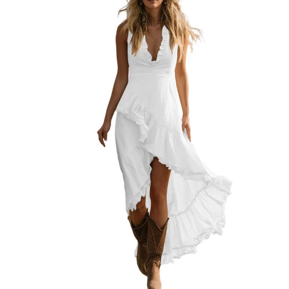 Fashionable Sleeveless V-neck Ruffled Dress