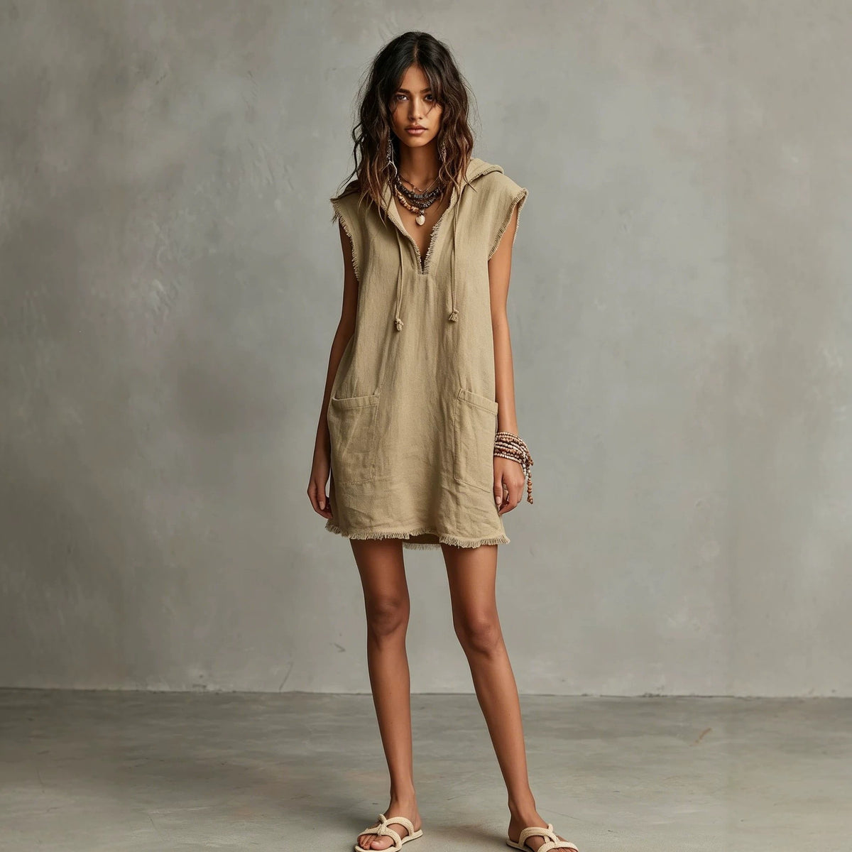 Minimalist Linen Blend Mini Dress, Hooded Sleeveless Lace Trim Solid Color Dress