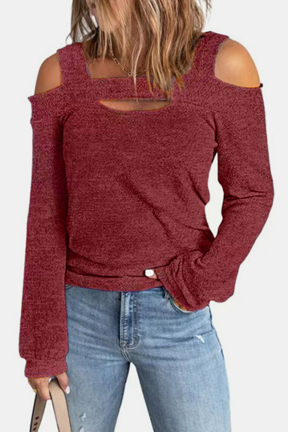 Women's Cutout Cold Shoulder Blouse - Deep Red