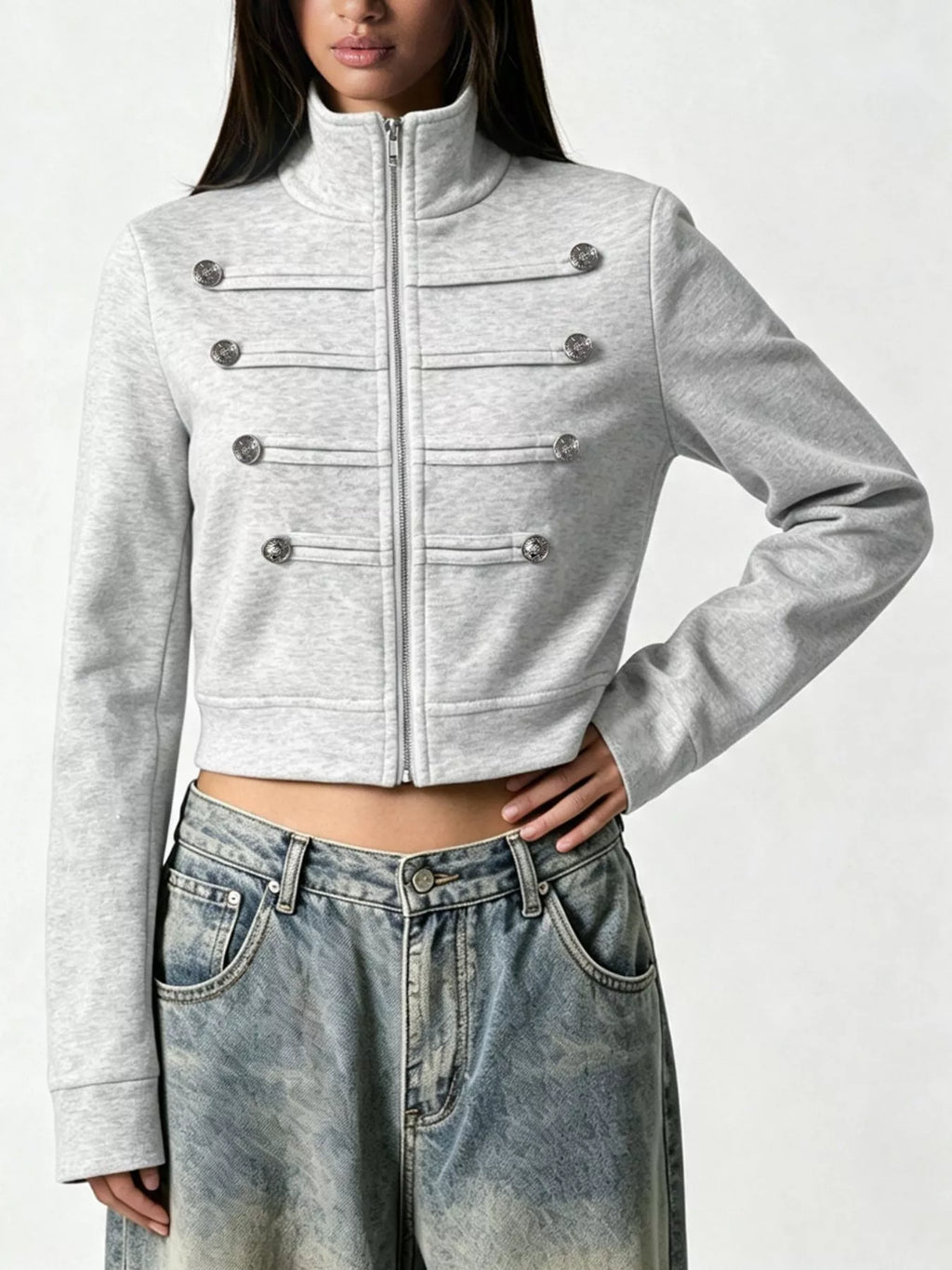 Women's Gray Cropped Zip-Up Outerwear with Decorative Buttons - Gray