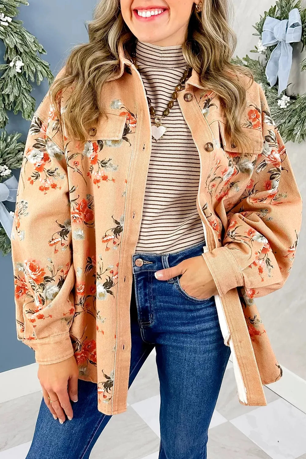 Women's Tan Floral Print Long Sleeve Denim Jacket - Tan