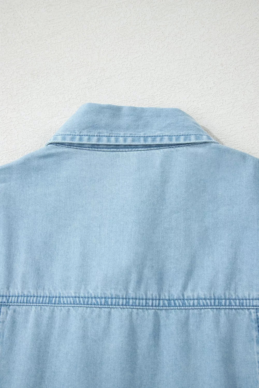 Women's Light Blue Full Buttons Collared Short Bubble Sleeve Long Denim Dress - Light Blue