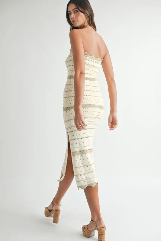 Women's LT TAUPE Contrast Striped Crochet Knit Midi Dress - LT TAUPE