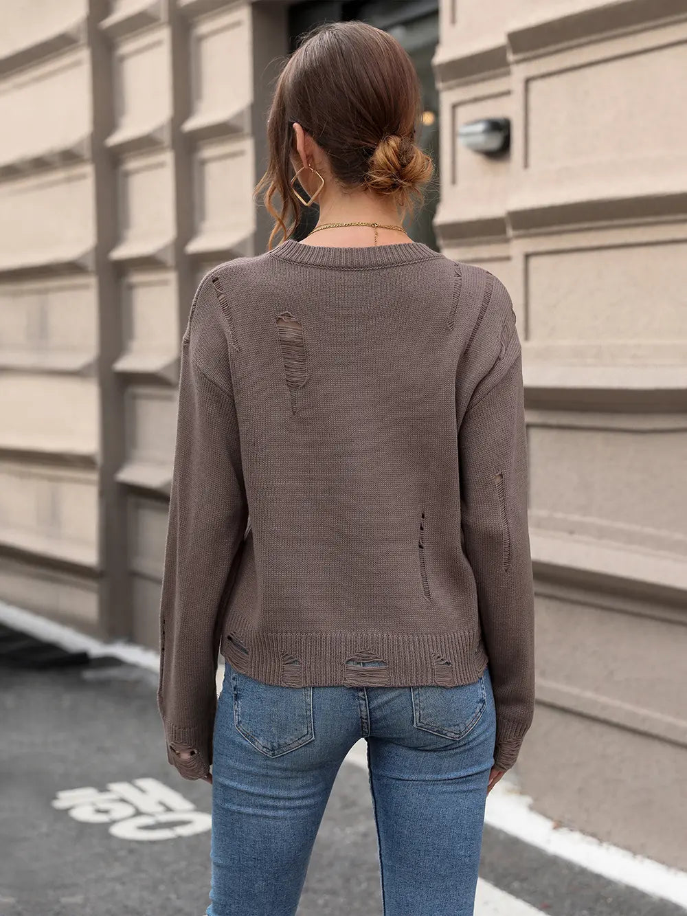 Women's Coffee Brown Cutout Round Neck Long Sleeve Sweater - Coffee Brown