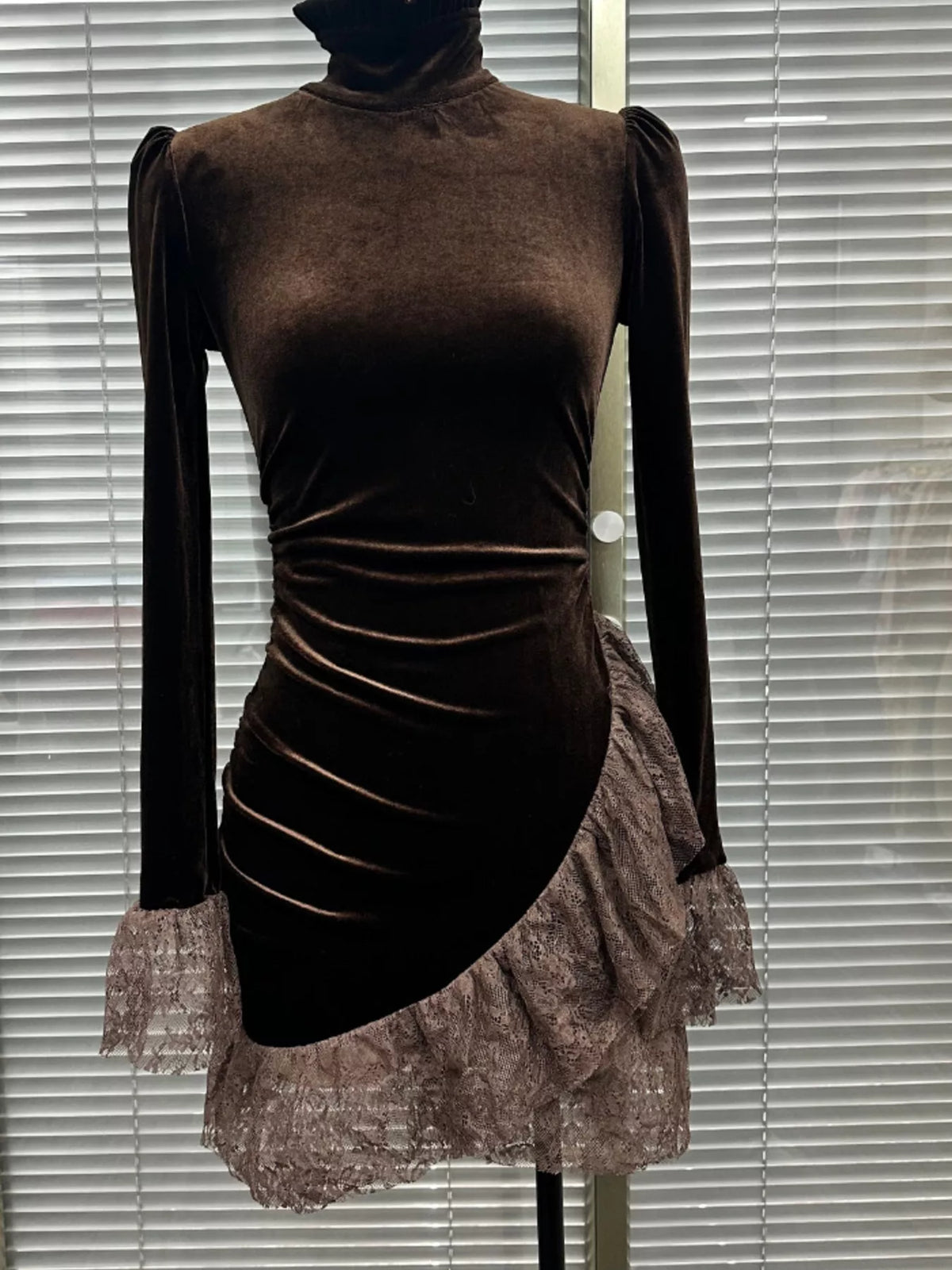 Women's Brown Velvet Mock Neck Mini Dress with Lace Ruffle Trim - Brown