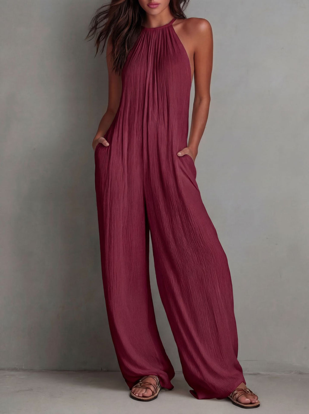 Women's Cross-Border Foreign Trade Women's Clothing European And American Style Halter Neck Sleeveless Vacation Style White Pleated Backless Wide-Leg Jumpsuit