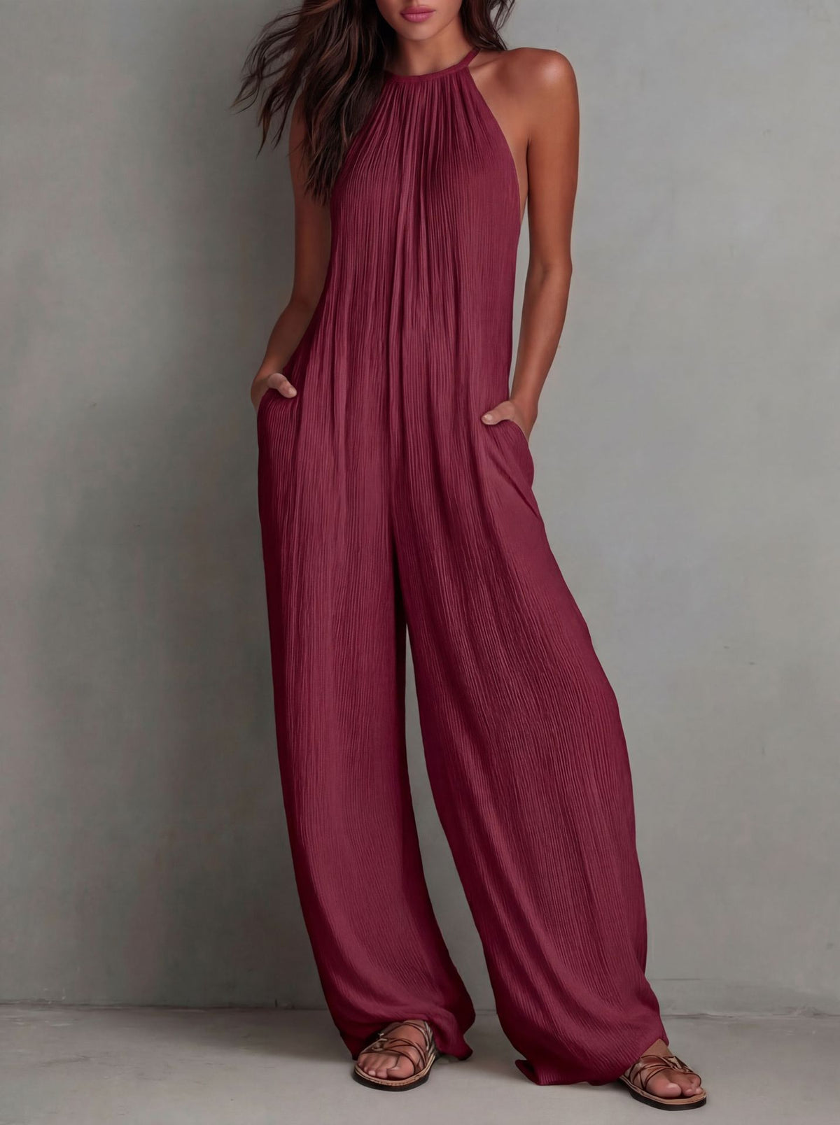 Women's Cross-Border Foreign Trade Women's Clothing European And American Style Halter Neck Sleeveless Vacation Style White Pleated Backless Wide-Leg Jumpsuit