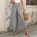 Solid-color Loose-fit, Ruched Elastic-waist Cropped Wide-leg Pants