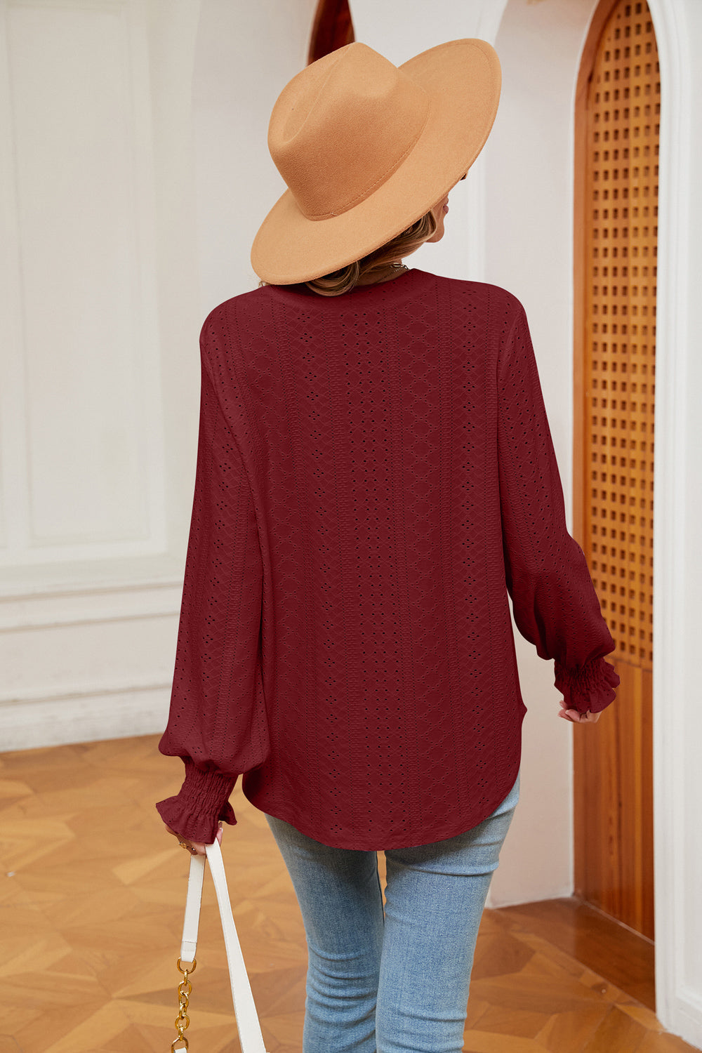 Women's Notched Neck Flounce Sleeve Blouse