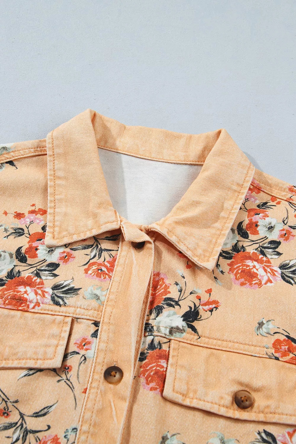 Women's Tan Floral Print Long Sleeve Denim Jacket - Tan