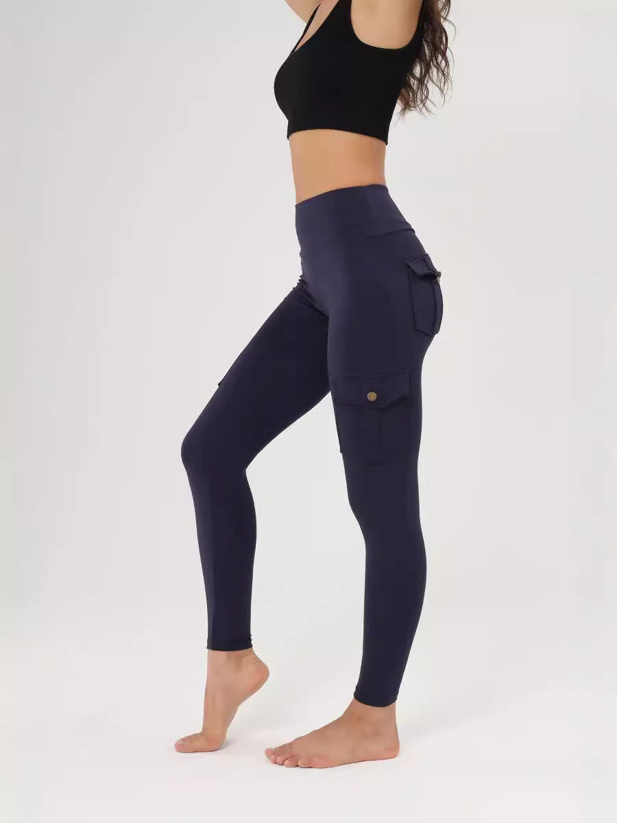 Women's Amazon Wish Cross-border Breathable Hip Lifting Button Pocket Sports Brushed Nude Yoga Slimming Tight Leggings