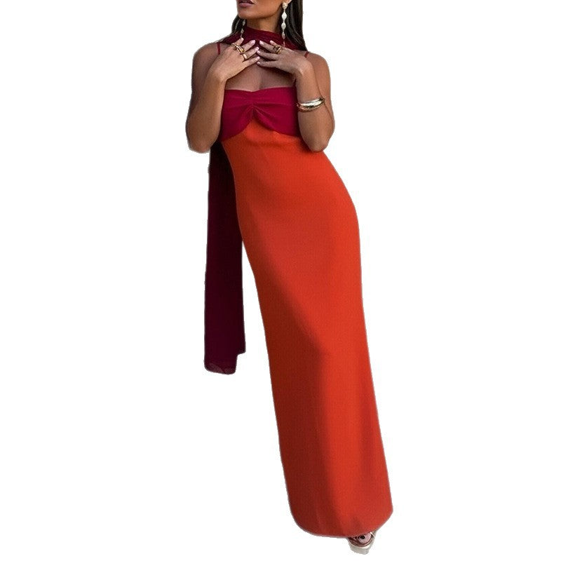 Women's Foreign Trade Women's Clothing Summer Dress Fashionable Color-Block Scarf Collar Slim Fit Bodycon Strap Dress