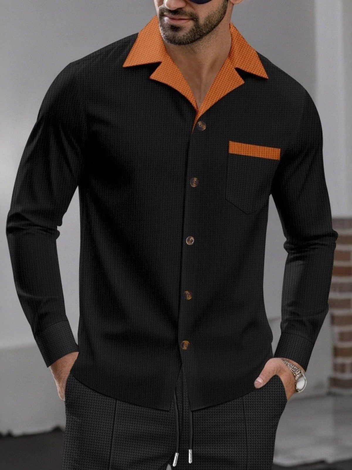 Men's Full Size Contrast Collar Button Up Shirt Plus Size