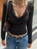 Women's Black Lace-Trimmed V-Neck Long Sleeve Slim Fit T-Shirt - Black