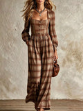 Women's Plaid Square Neck Long Sleeve Wide Leg Jumpsuit - Caramel