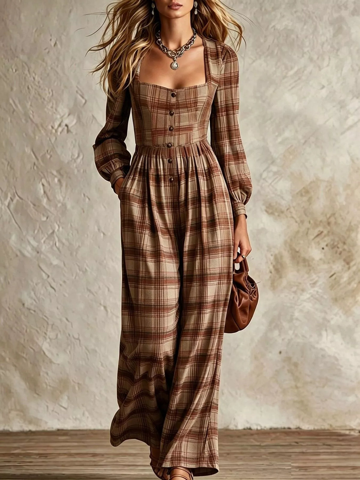 Women's Plaid Square Neck Long Sleeve Wide Leg Jumpsuit - Caramel