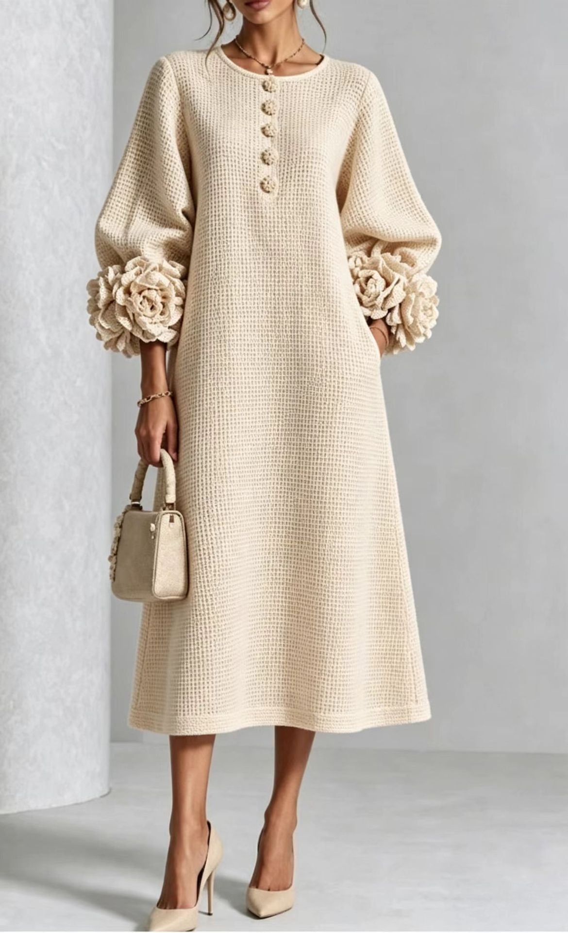 French-style Three-dimensional Floral Lantern-sleeve Cotton-linen Dress