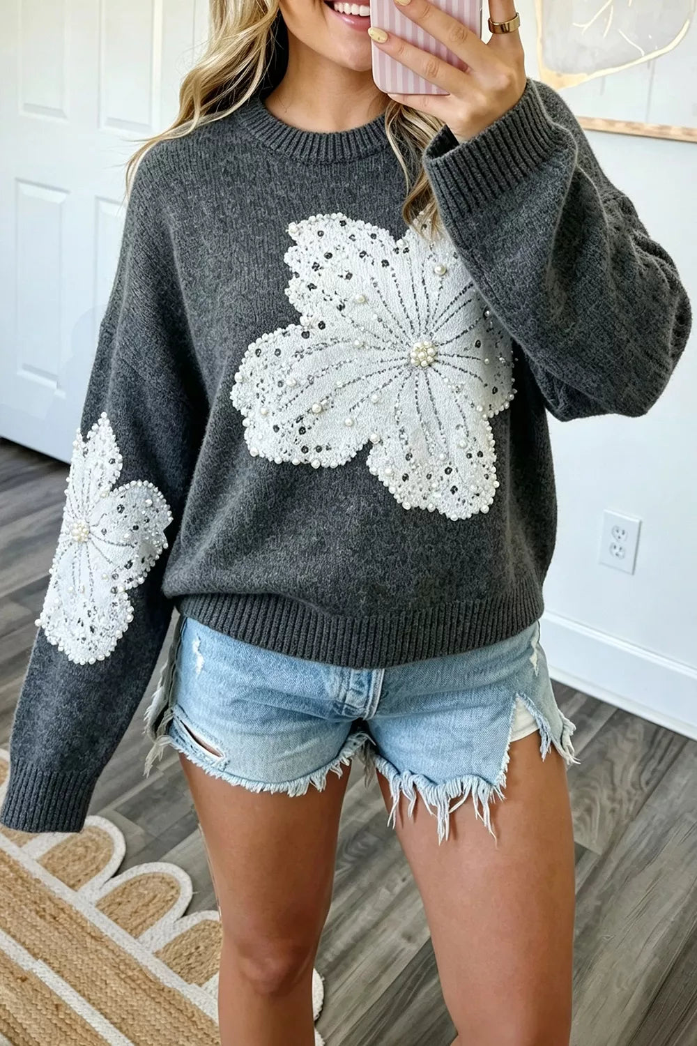 Women's Dark Gray Pearl Embellished Floral Dropped Shoulder Sweater - Dark Gray