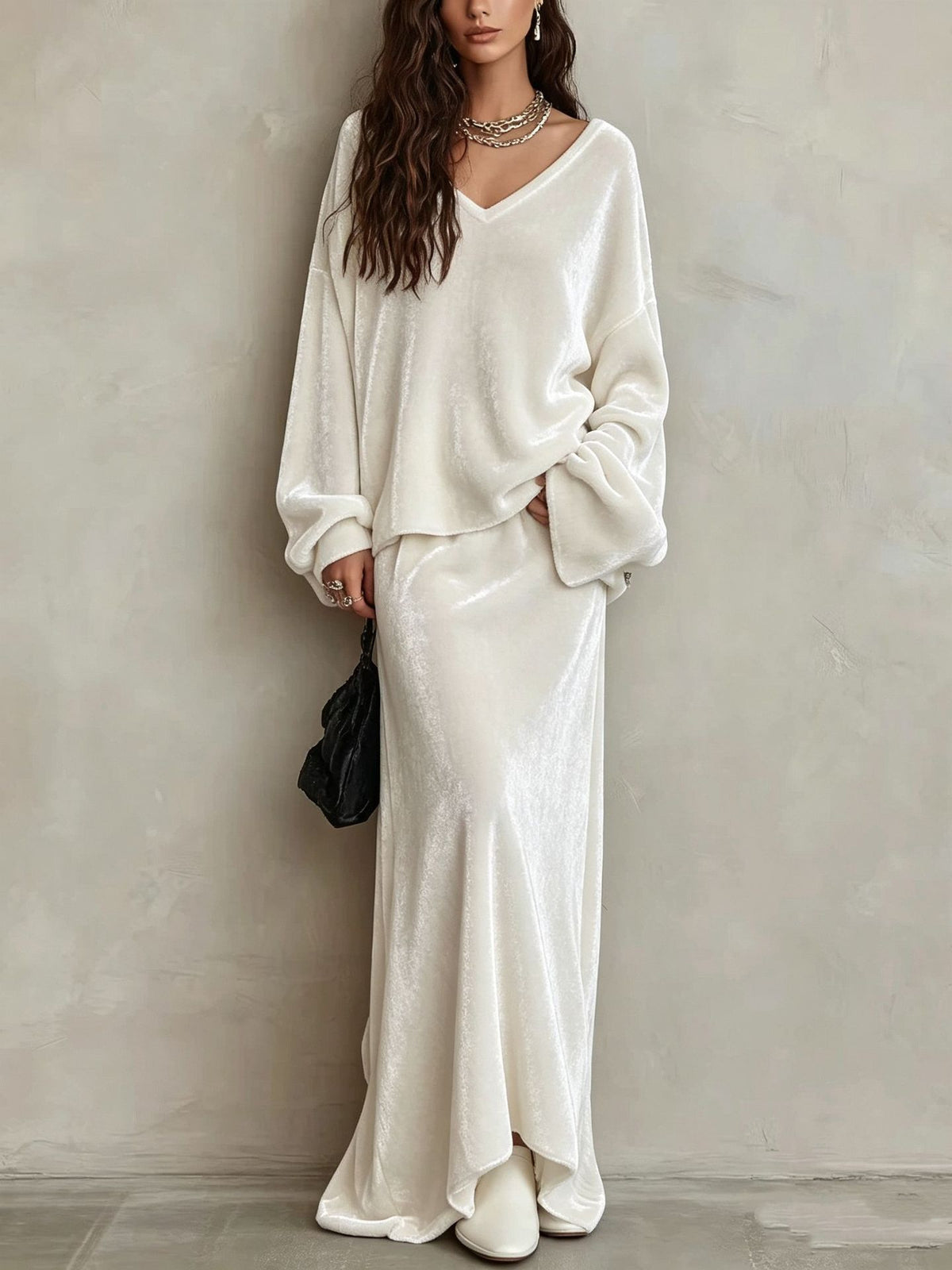 Velvet Loose-fit V-neck Long-sleeve Womens Set