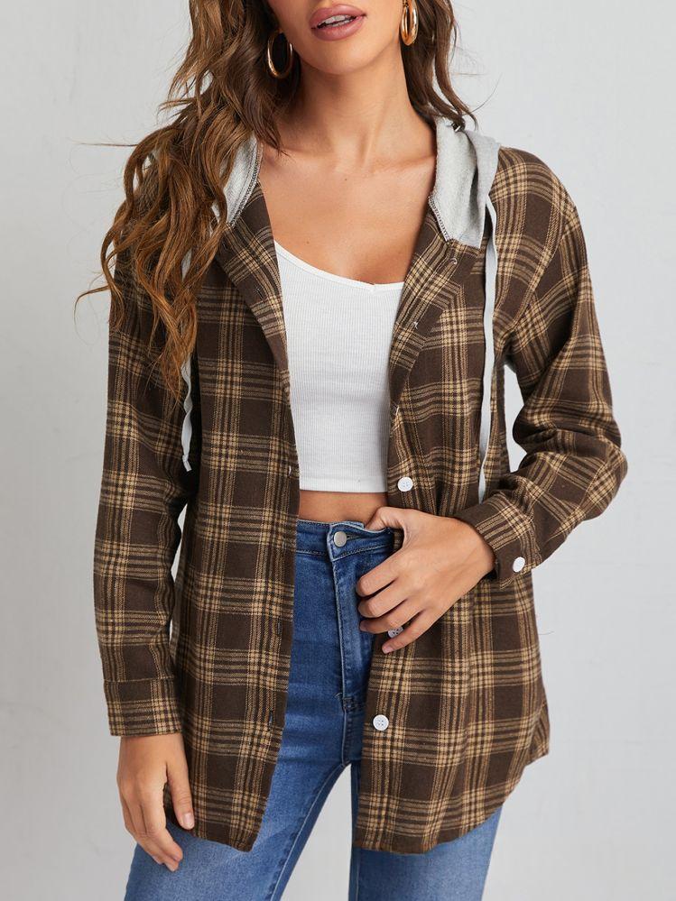 Single-breasted Round-neck Long-sleeve Cotton Plaid Hooded Cardigan