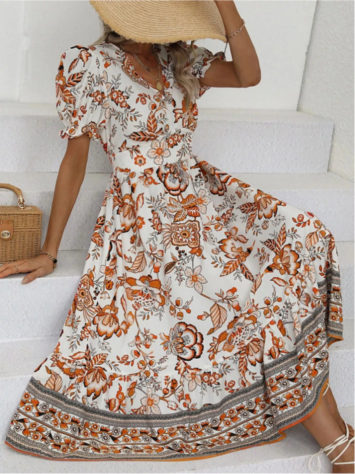Women's Floral Print Puff Sleeve Wrap Midi Dress - Orange