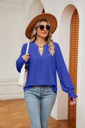 Women's Notched Neck Flounce Sleeve Blouse - Royal  Blue