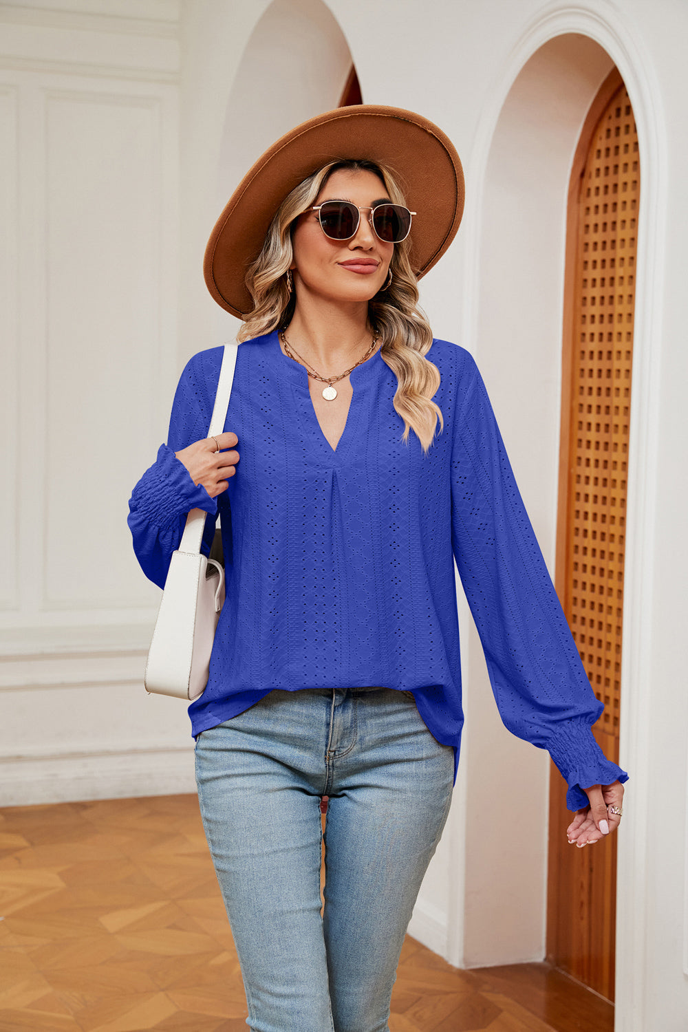 Women's Notched Neck Flounce Sleeve Blouse - Royal  Blue